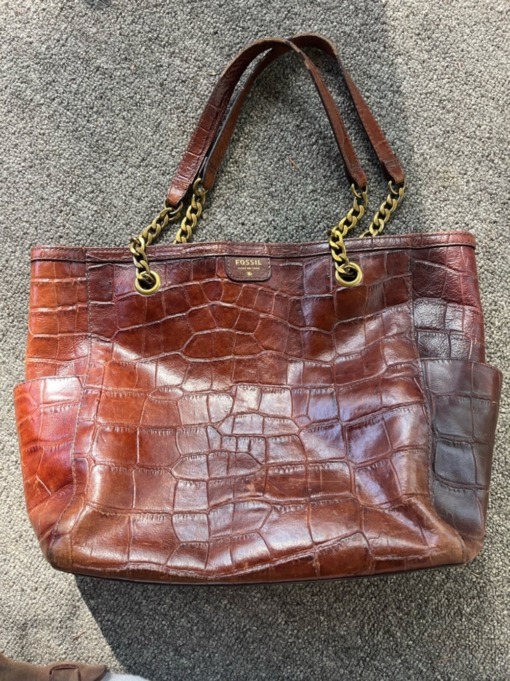 Fossil Chestnut Croc-Embossed Leather Tote with Gold Chain Handles